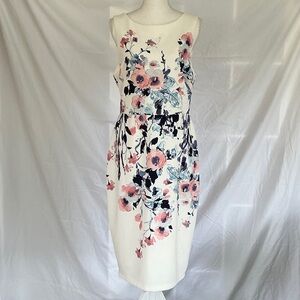 Sleeveless White Midi Dress with Pink Floral Print